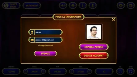profile information slot game interface screen